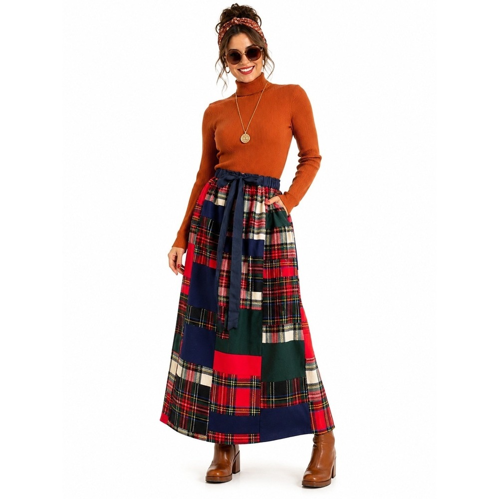 intage 70s Patchwork Plaid Wool Maxi Skirt Cottagecore Prairie Boho